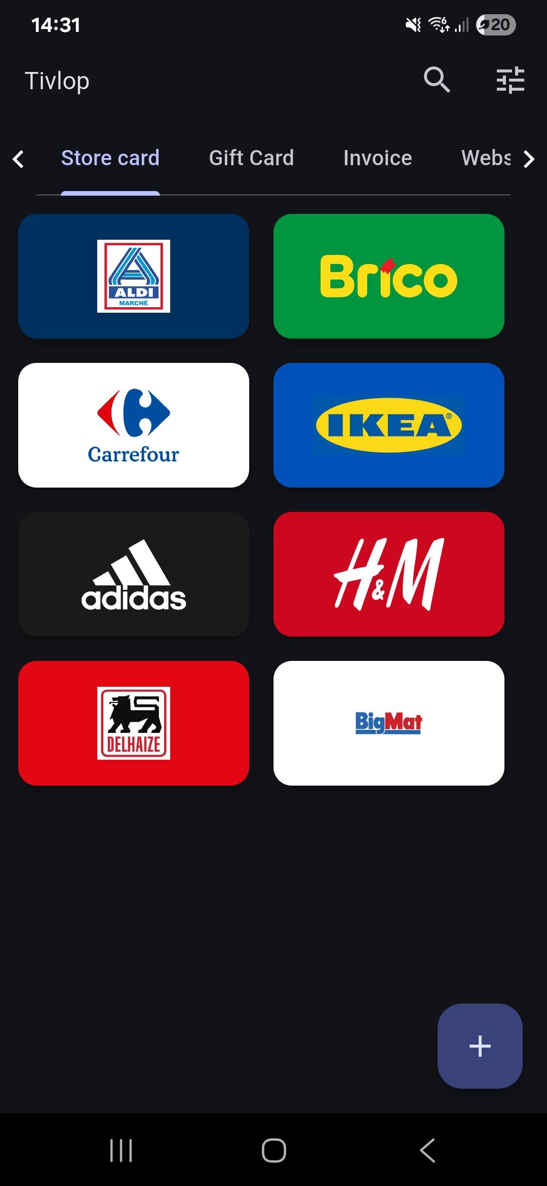 Tivlop app showing loyalty cards